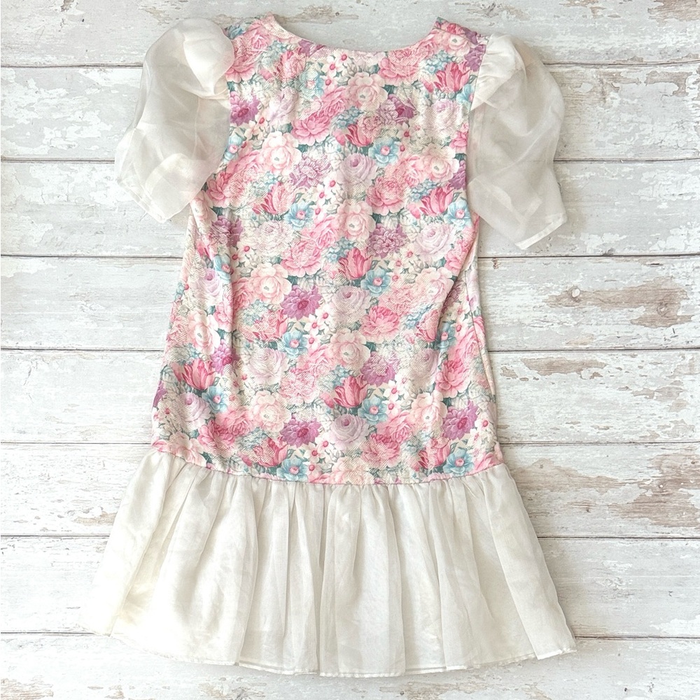 Vintage 80s Girls Size 12 Pink Floral Dress Large Puffy Sleeves White Kids Tween